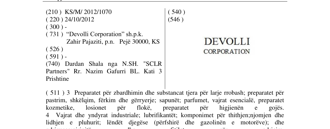 L'inscription de la marque DEVOLLI corporation au bulletin