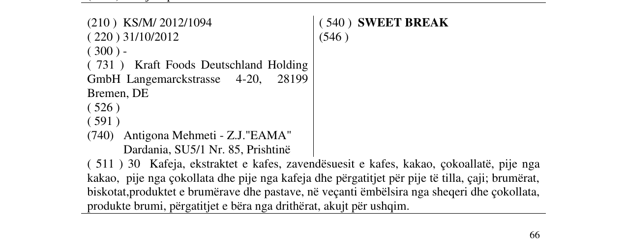 Zëri i markës SWEET BREAK në buletin