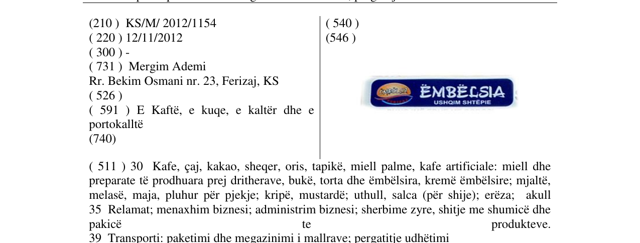Zëri i markës ËMBËLSIA USHQIM SHTËPIE në buletin