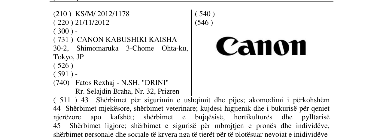 The entry of the trademark Canon in the bulletin