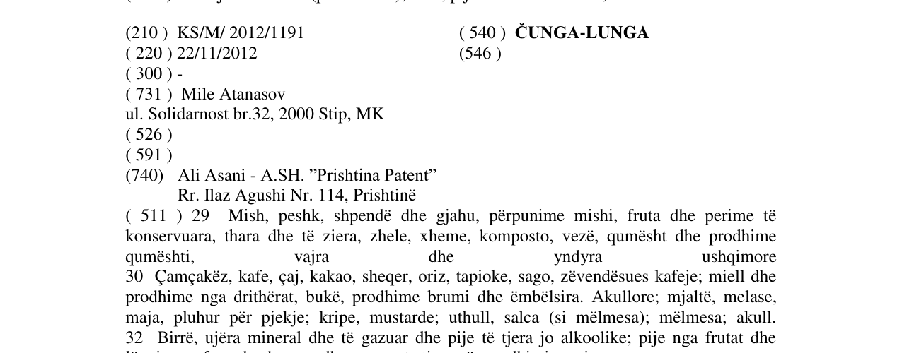 Zëri i markës ČUNGA-LUNGA në buletin