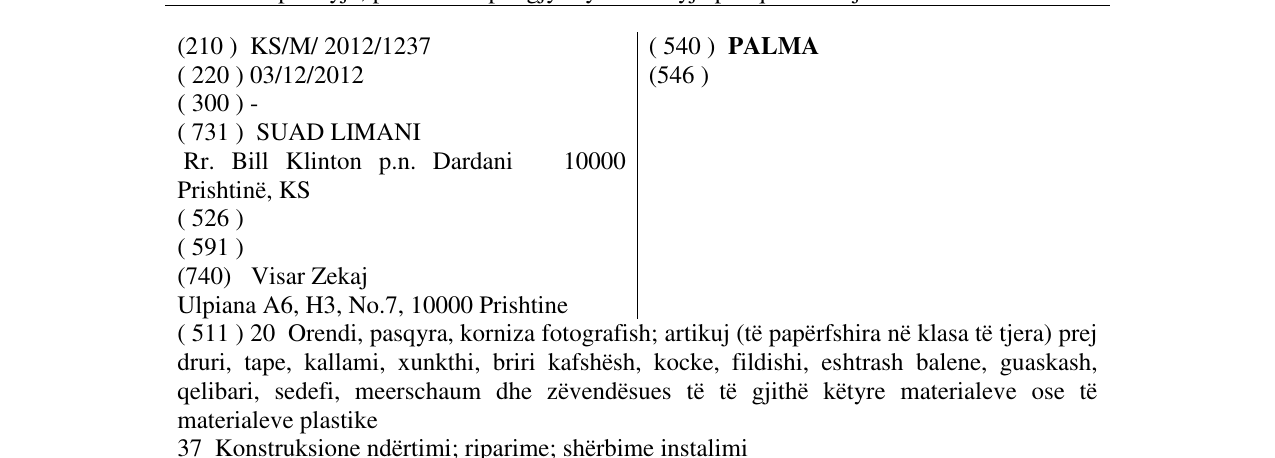 Zëri i markës PALMA në buletin