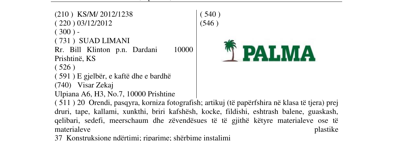 Zëri i markës PALMA në buletin