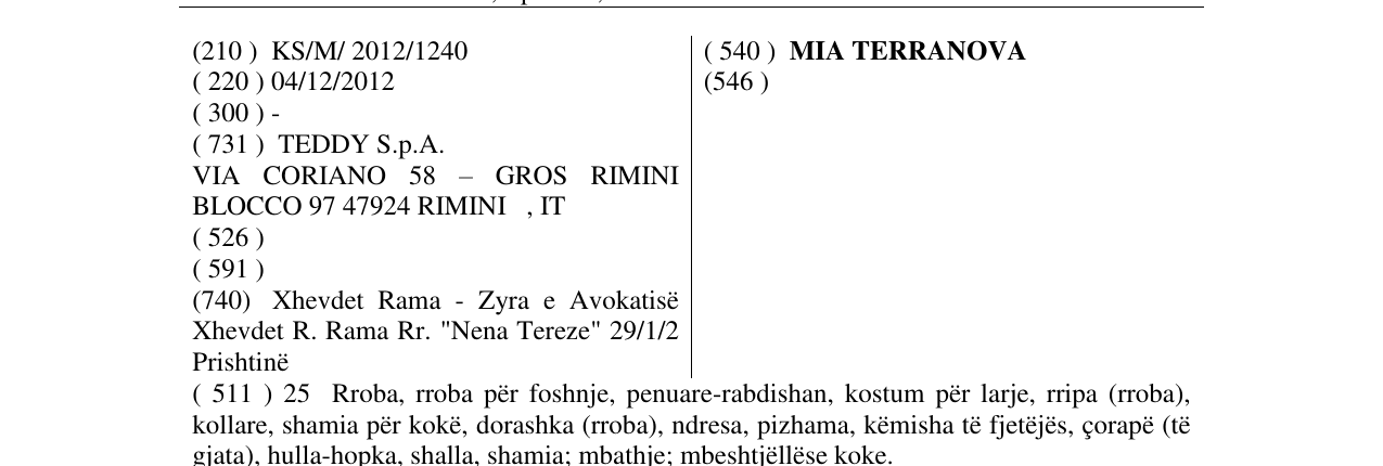 Zëri i markës MIA TERRANOVA në buletin