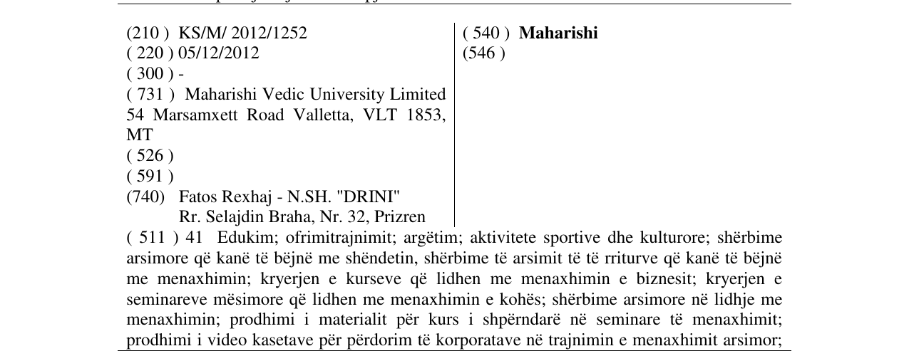 Zëri i markës Maharishi në buletin
