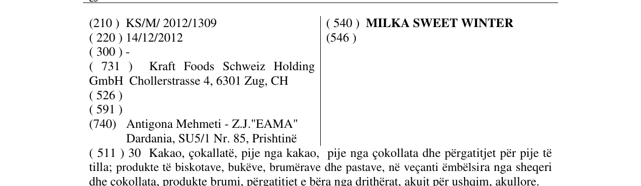 Zëri i markës MILKA SWEET WINTER në buletin