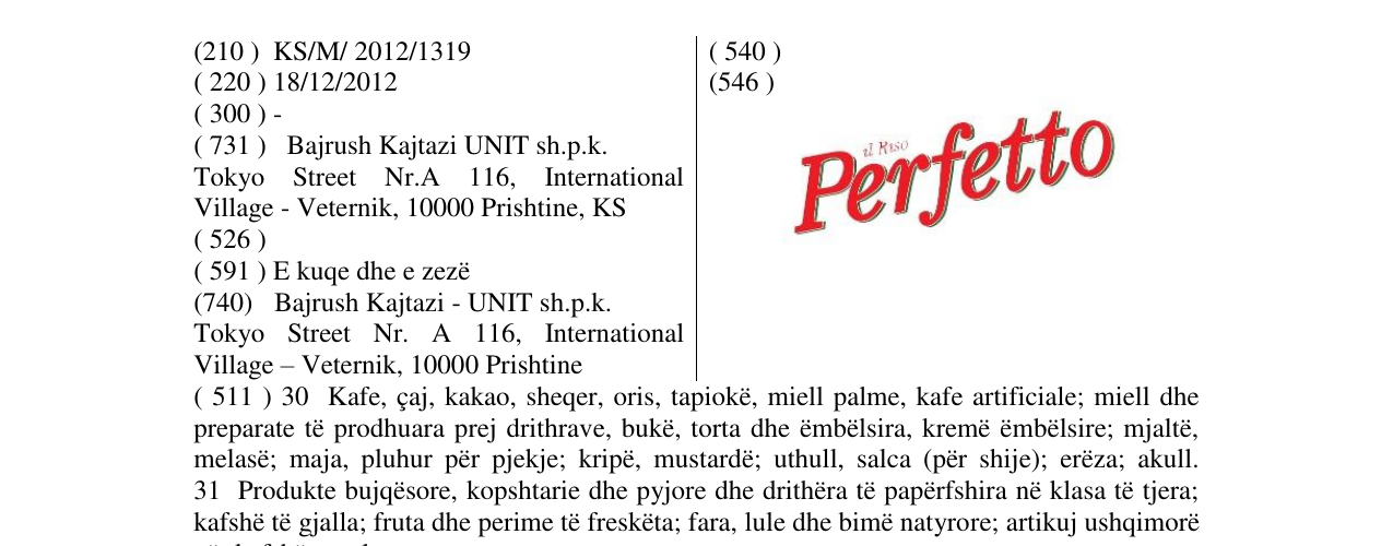Zëri i markës Perfetto në buletin