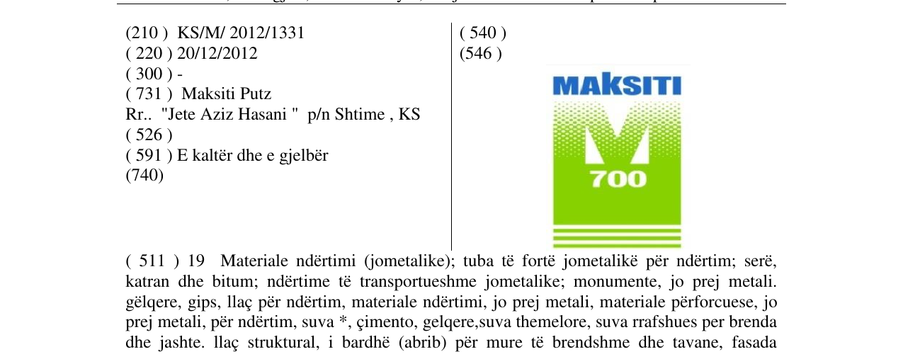 Zëri i markës MAKSITI 700 në buletin