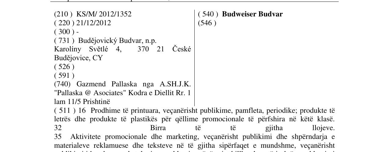 Zëri i markës Budweiser Budvar në buletin