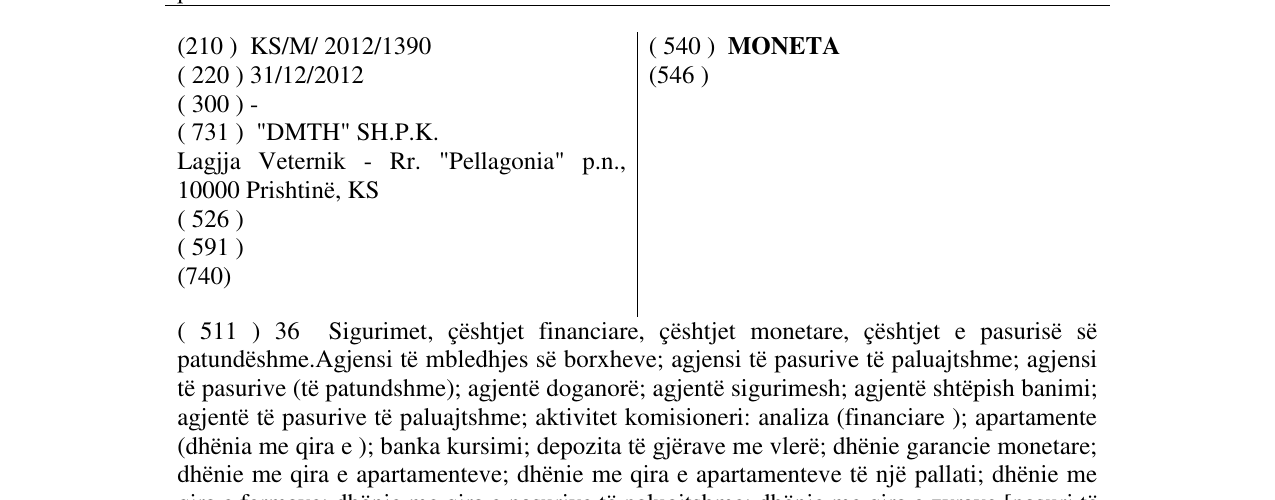 Zëri i markës MONETA në buletin