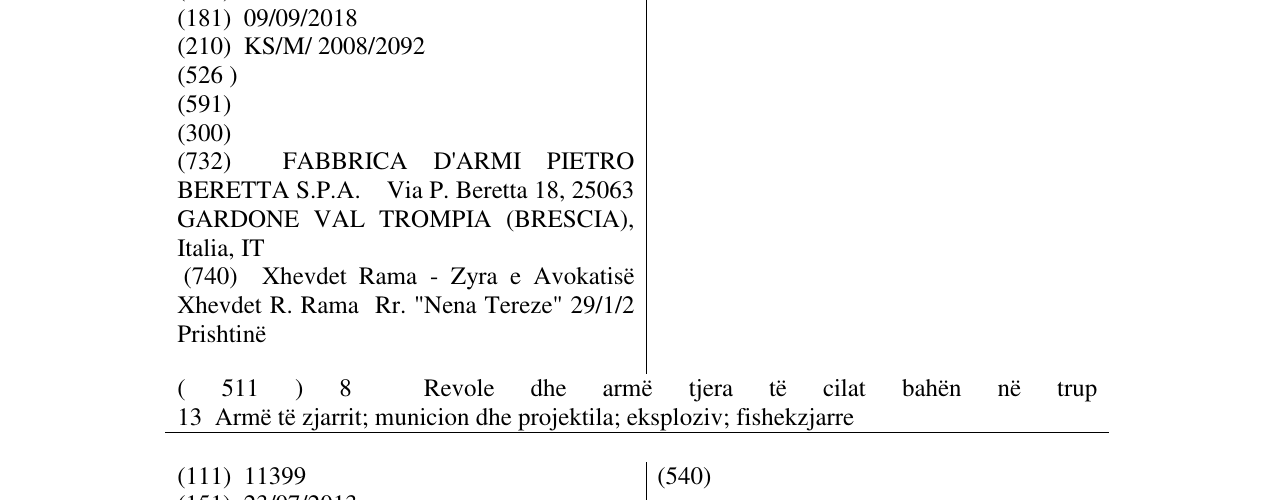 Zëri i markës BERETTA në buletin