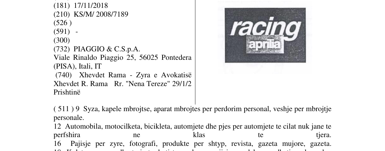 Zëri i markës RACING APRILIA në buletin