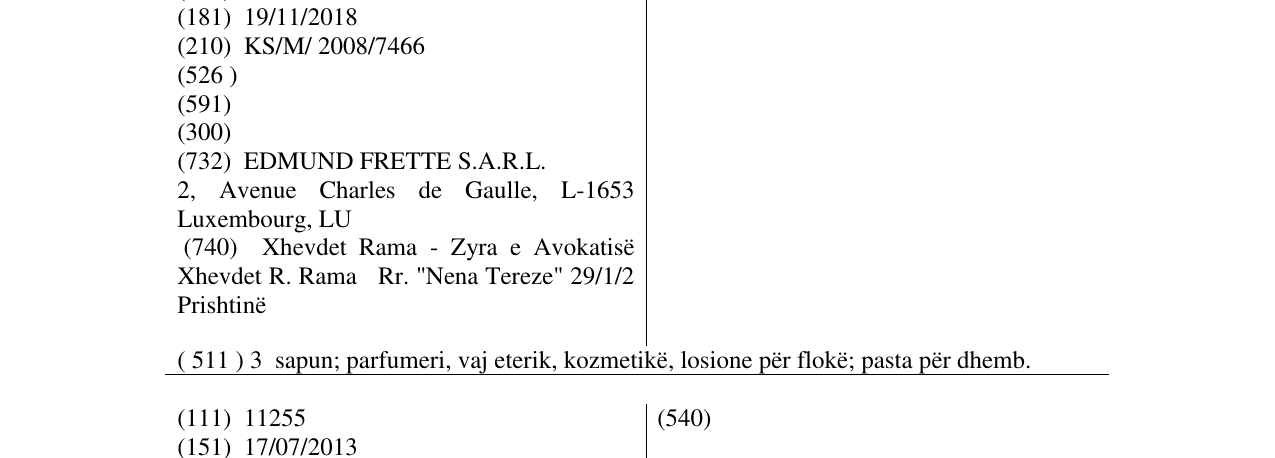 Zëri i markës EAU DE FRETTE në buletin