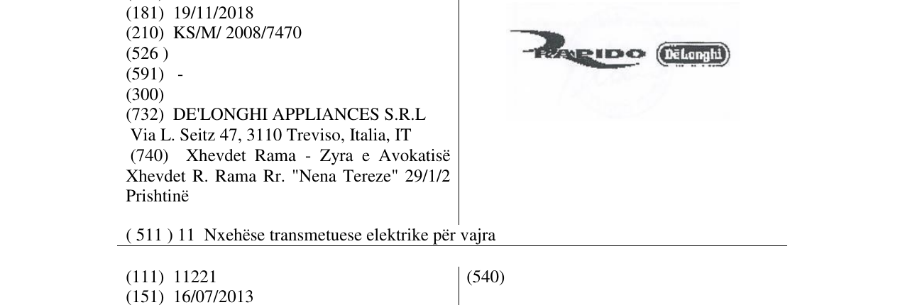 Zëri i markës RAPIDO DELONGHI në buletin