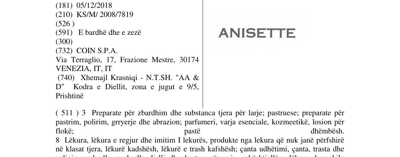 Zëri i markës ANISETTE në buletin