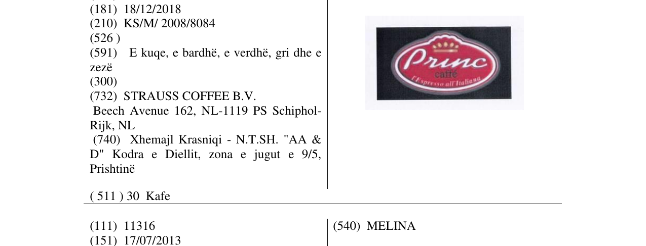 Zëri i markës Princ caffe në buletin