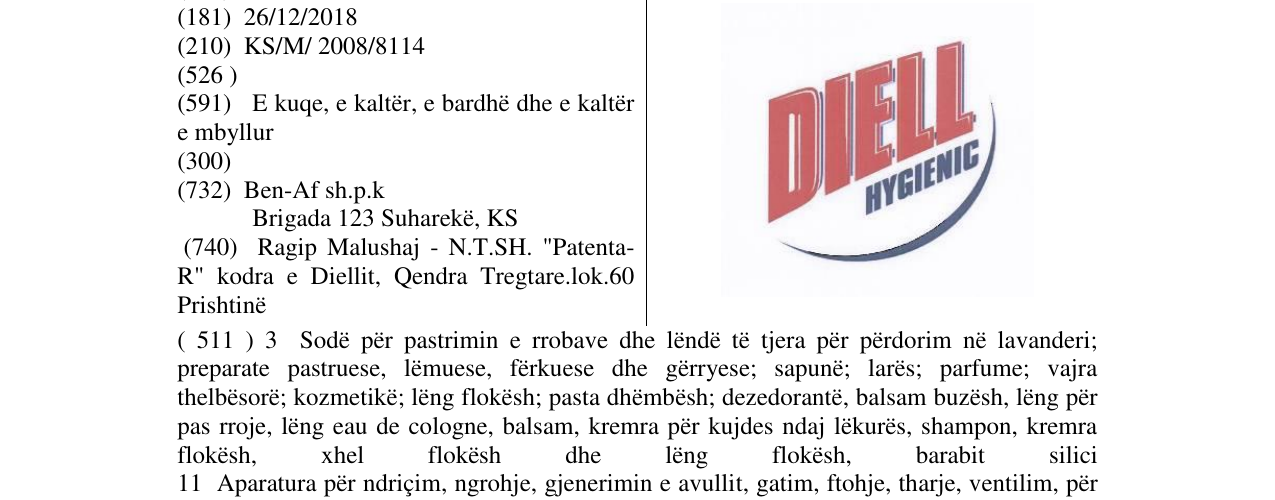 Zëri i markës DIELL HYGIENIC në buletin