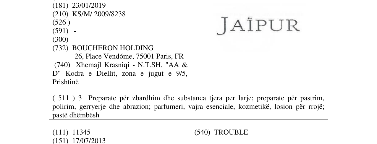Zëri i markës JAIPUR në buletin