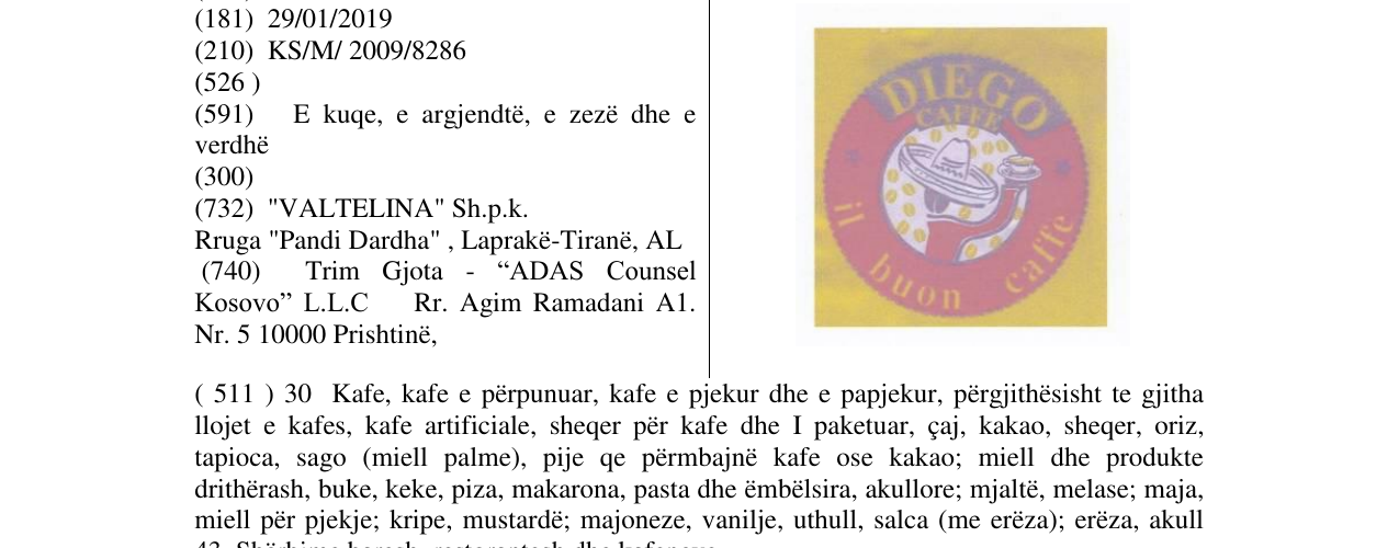Zëri i markës DIEGO CAFFE në buletin