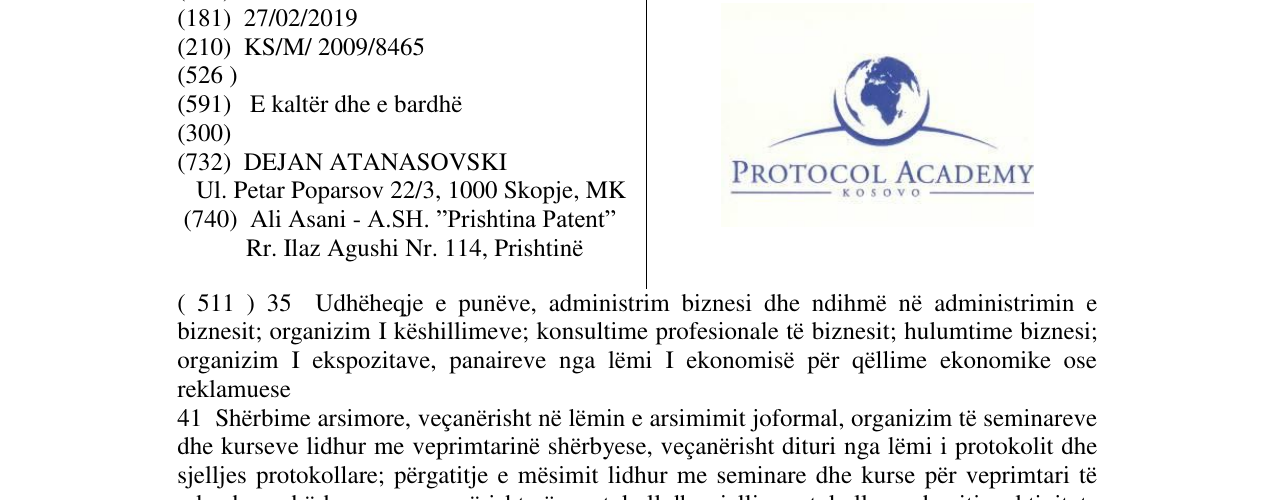 Zëri i markës PROTOCOL ACADEMY KOSOVO në buletin