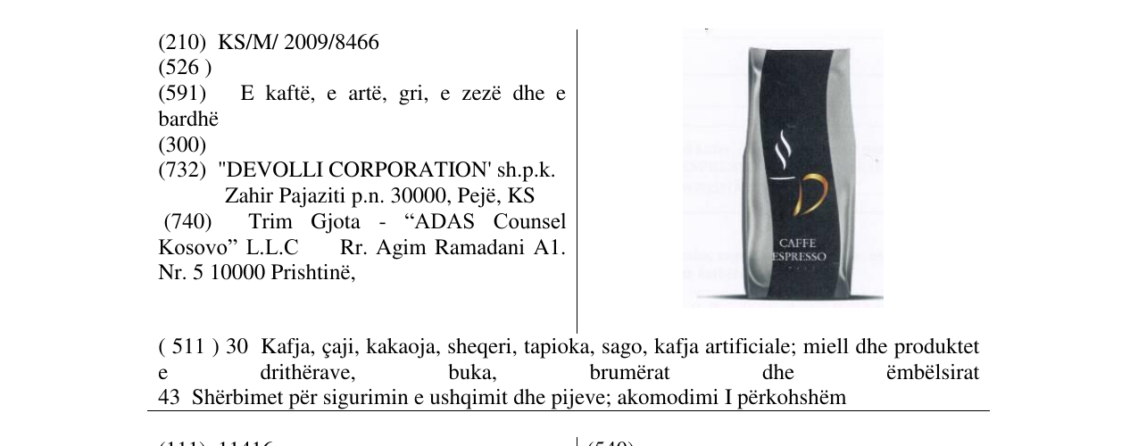 Zëri i markës CAFFE ESPRESSO në buletin