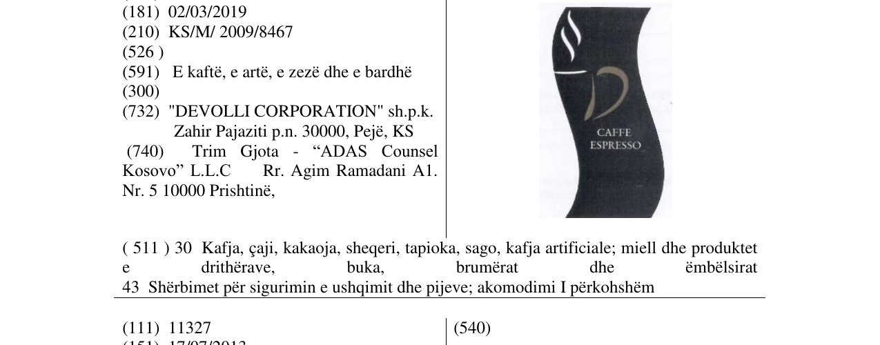 Zëri i markës CAFFE ESPRESSO në buletin