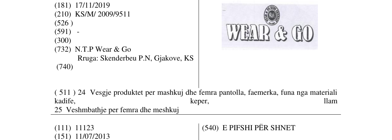 Der Eintrag der Marke WEAR & GO im Bulletin