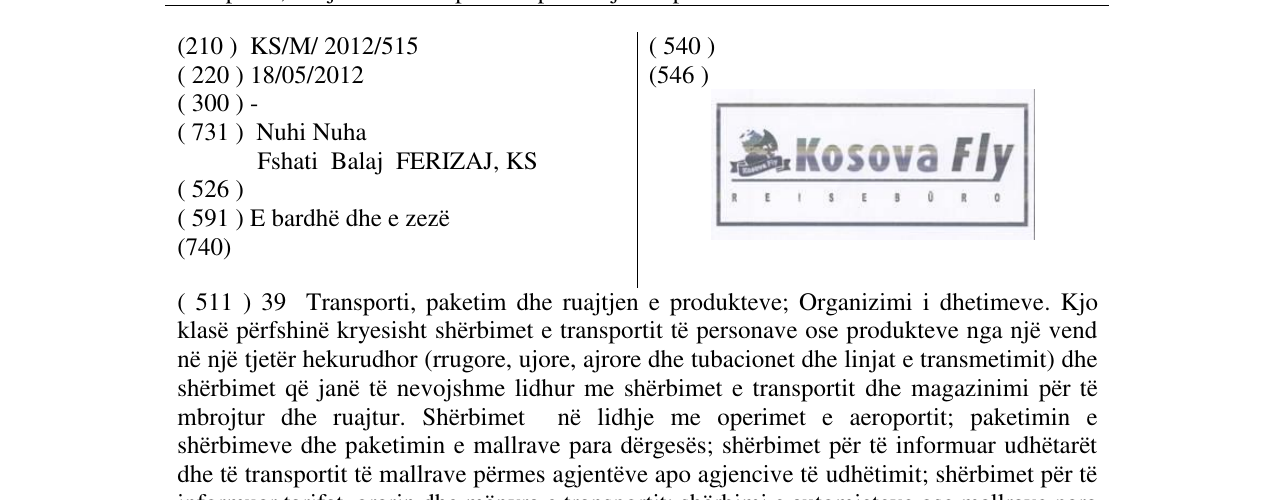 Zëri i markës KOSOVA FLY REISEBURO në buletin