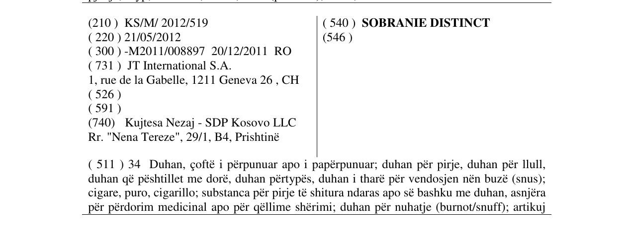 Zëri i markës SOBRANIE DISTINCT në buletin