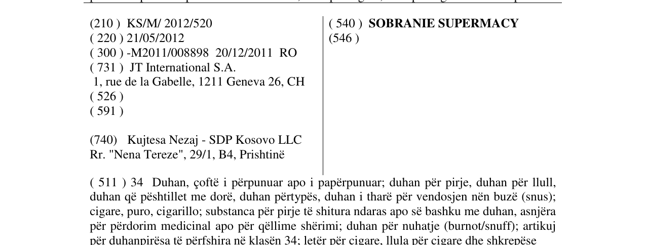 Zëri i markës SOBRANIE SUPERMACY në buletin