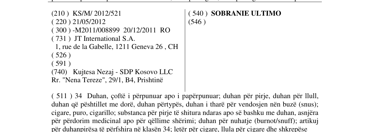 Zëri i markës SOBRANIE ULTIMO në buletin