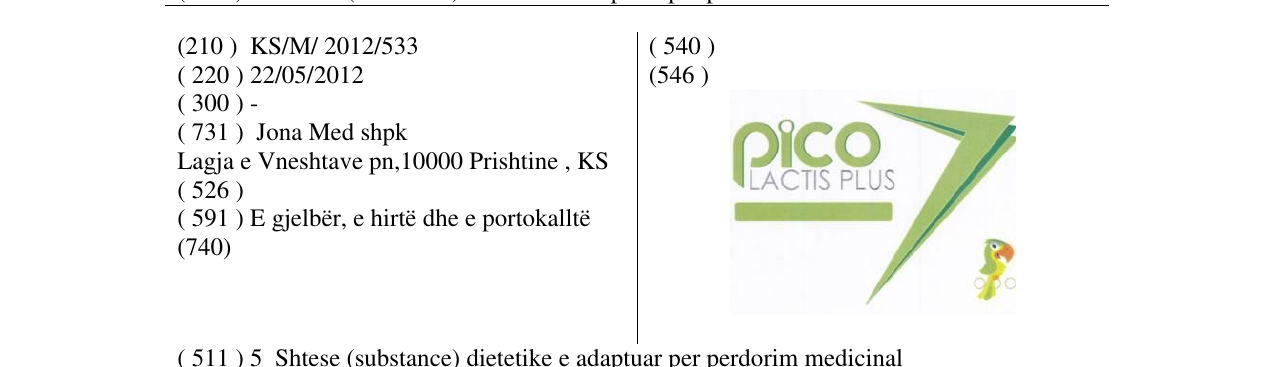 Zëri i markës PICO LACTIS PLUS në buletin
