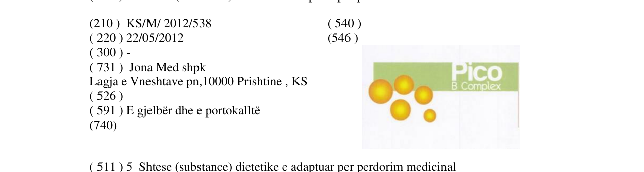 Zëri i markës Pico B Complex në buletin