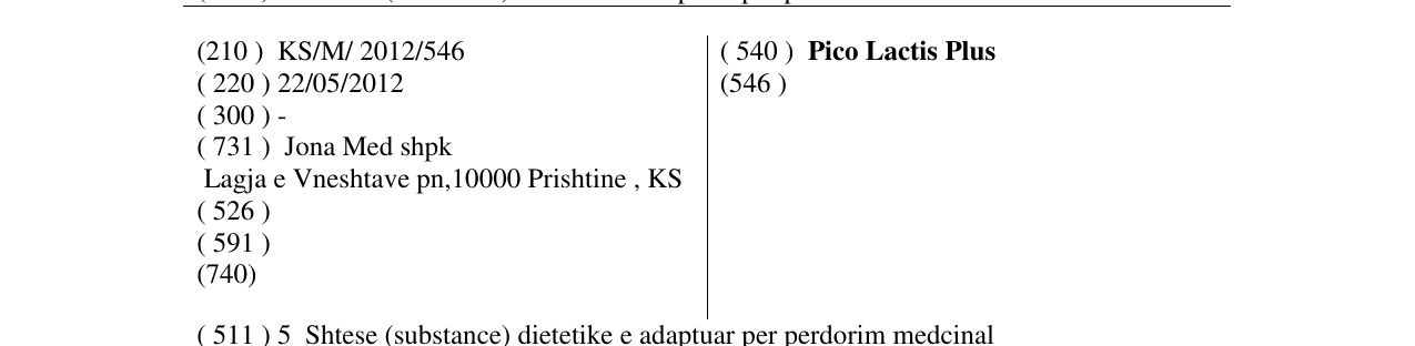 Zëri i markës Pico Lactis Plus në buletin