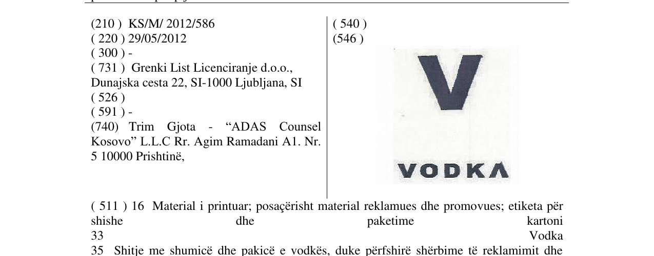 Zëri i markës V V O D K A në buletin