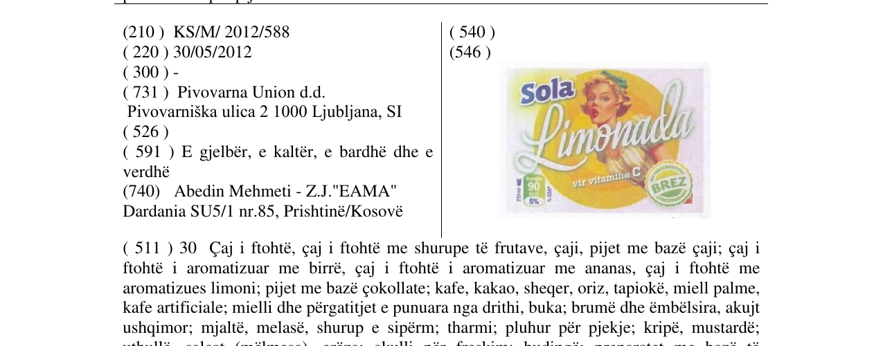 Zëri i markës Sola Limonada në buletin