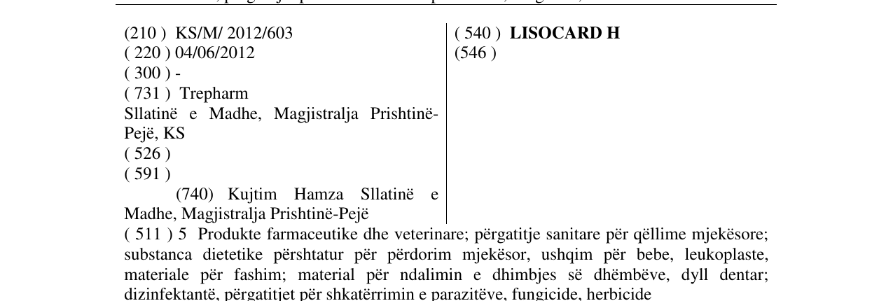 Zëri i markës LISOCARD H në buletin