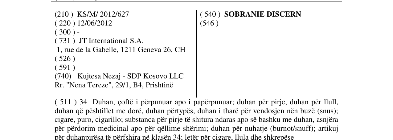 Zëri i markës SOBRANIE DISCERN në buletin