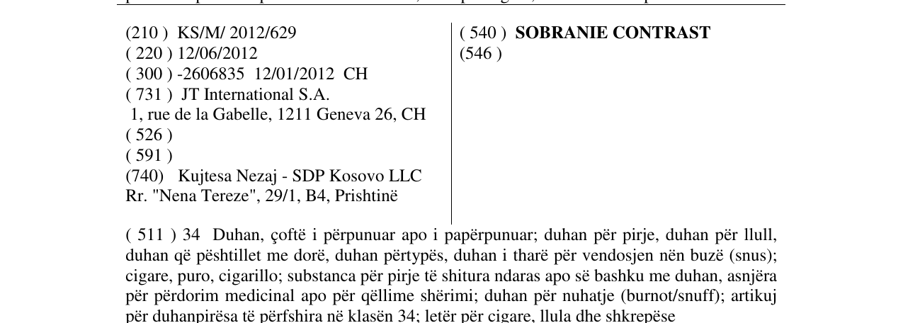 Zëri i markës SOBRANIE CONTRAST në buletin
