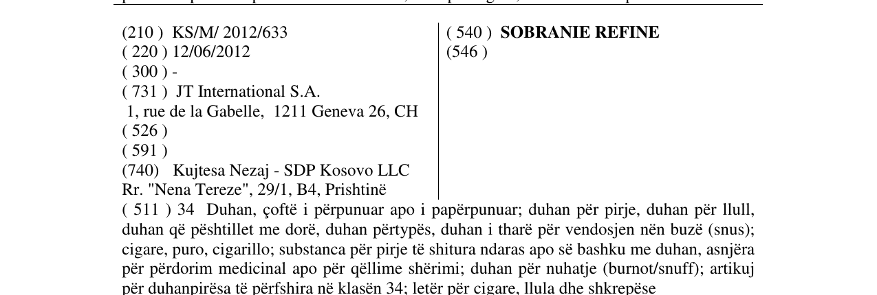 Zëri i markës SOBRANIE REFINE në buletin