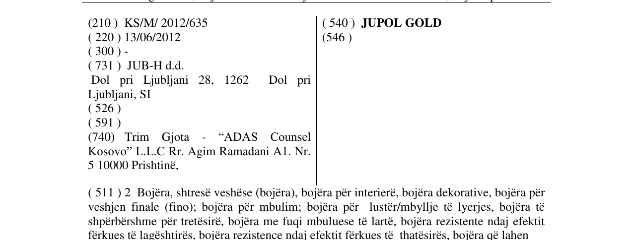 Zëri i markës JUPOL GOLD në buletin