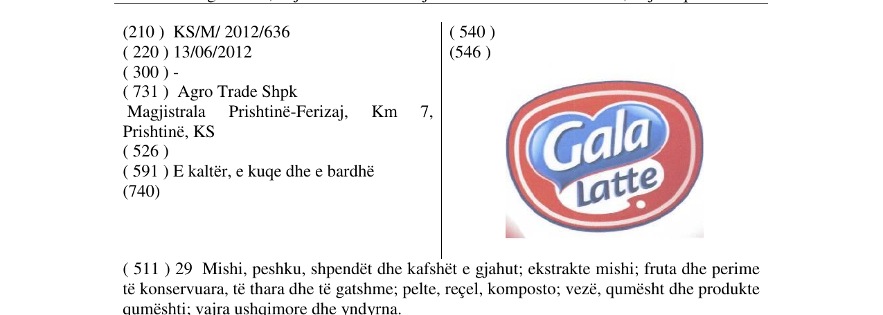 Zëri i markës Gala Latte në buletin