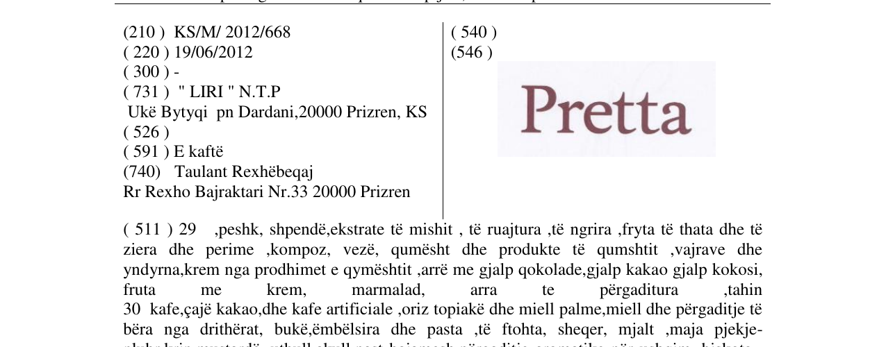 Zëri i markës Pretta në buletin