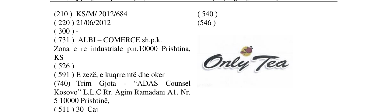 Zëri i markës Only Tea në buletin