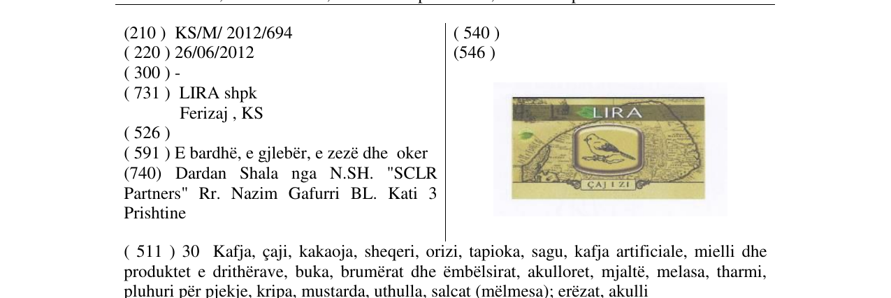 Zëri i markës LIRA ÇAJ I ZI në buletin
