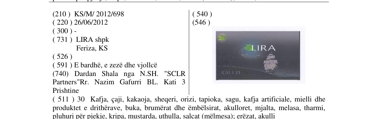 Zëri i markës LIRA ÇAJ I ZI në buletin
