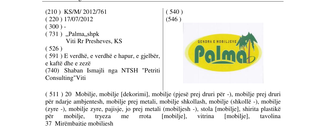 Zëri i markës QENDRA E MOBILJEVE Palma në buletin