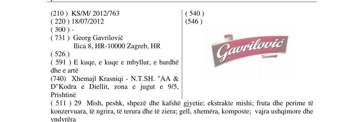 Zëri i markës Gavrilović në buletin