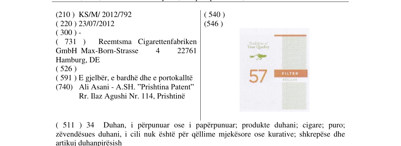 Zëri i markës FILTER 57 REGULAR në buletin