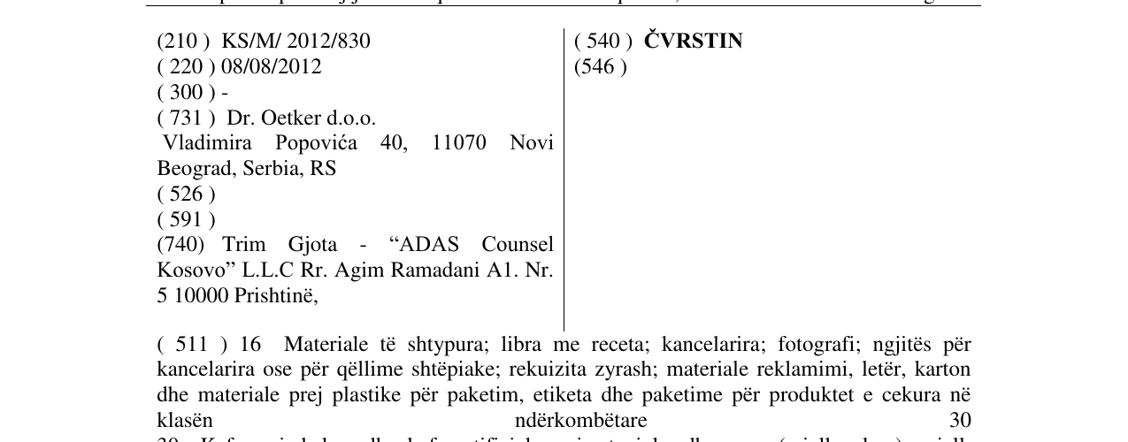 Zëri i markës ČVRSTIN në buletin